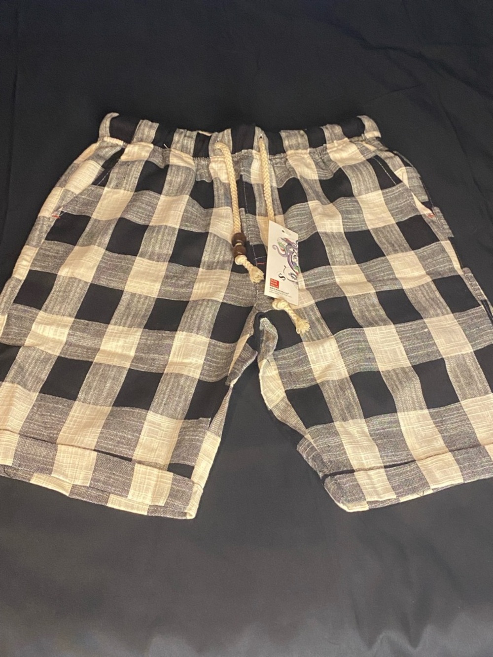 Black and Cream Buffalo Check Drawstring Shorts with Beaded Ties